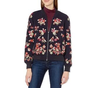 French connection black floral beaded multicolor zip up bomber jacket xs 2